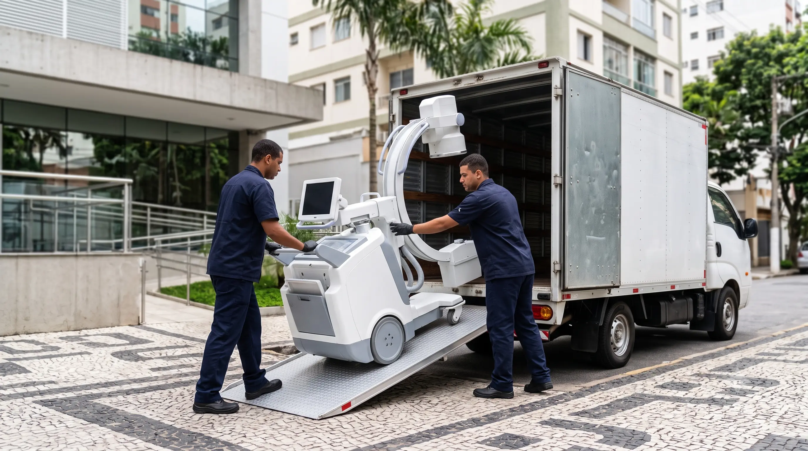 Técnicos da Reparar transportando equipamento de raio-X móvel em rampa de caminhão